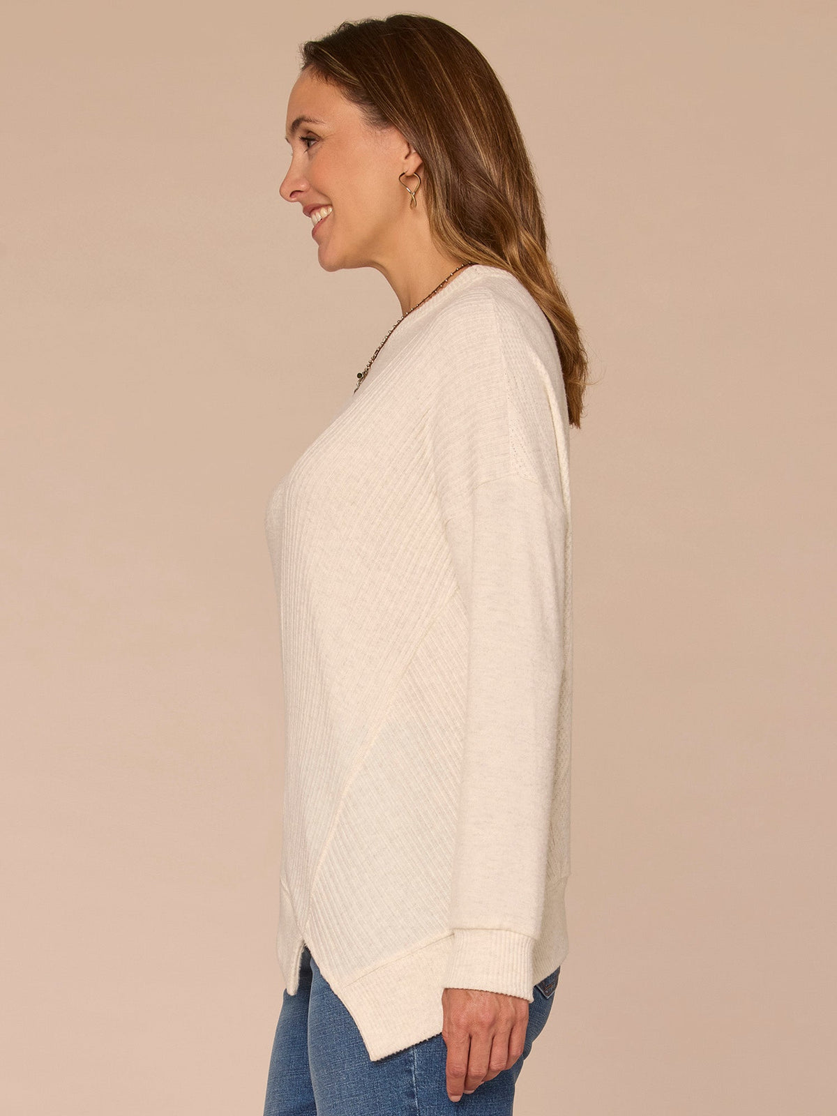 Democracy Clothing Long Sleeve Crew Neck Asymmetrical Hem Mixed Media Petite Knit Top - Heather Concord Grape|Heather Cream|Heather Saddle