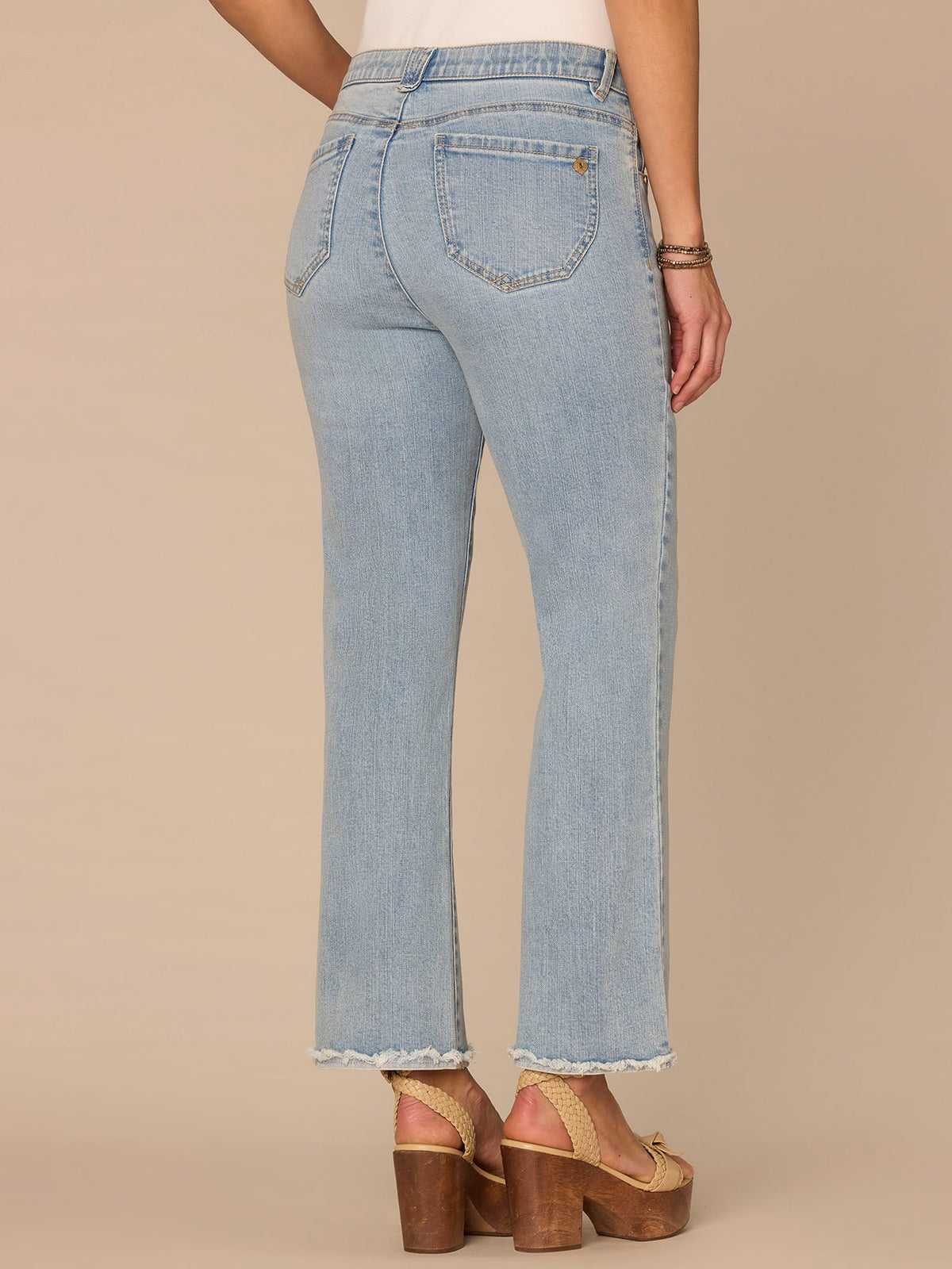 Democracy Clothing "Ab"solution® High Rise Fray Scallop Hem Petite Itty Bitty Flare Jeans - Light Blue Vintage Denim
