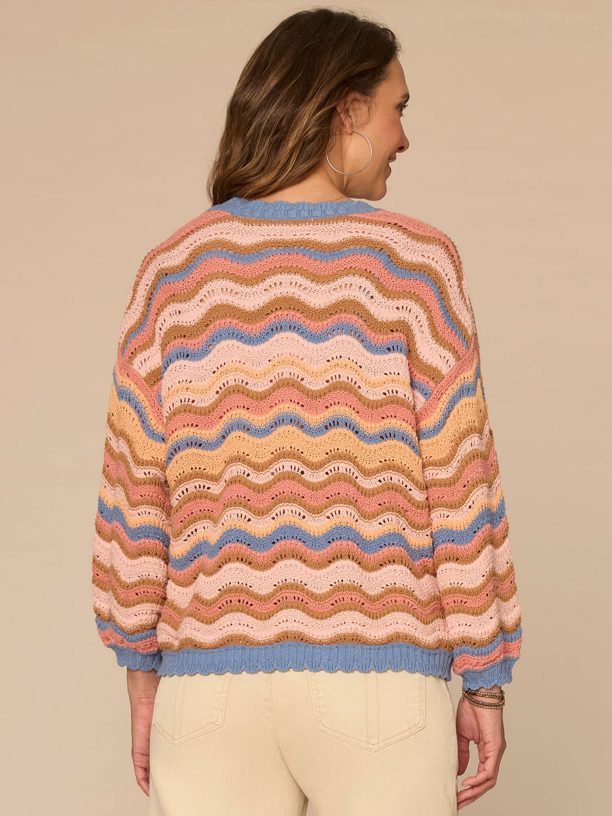 Democracy Clothing Blouson Sleeve Open Front Scallop Trim Wavy Stripe Sweater Cardigan - Horizon Blue Dusty Papaya Multi