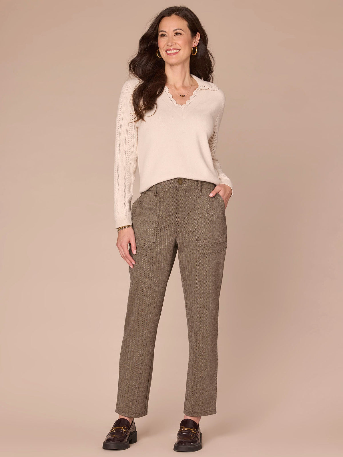 Democracy Clothing Long Sleeve Collar V-Neck Crochet Scallop Sweater - Fig Jam|Saddle|Ecru