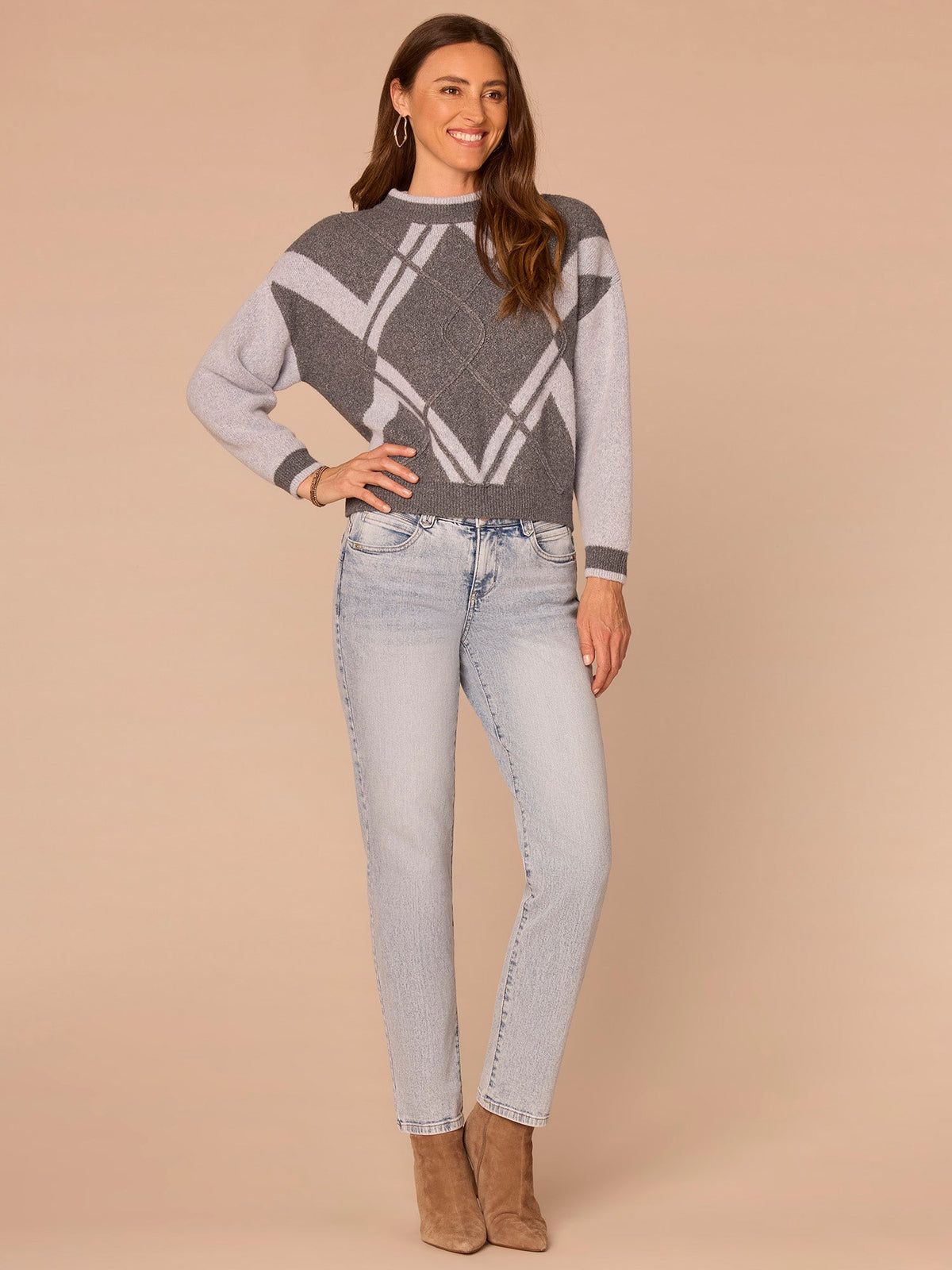 Democracy Clothing Long Drop Shoulder Sleeve Mock Neck Banded Hem Argyle Sweater - Navy Light Blue|Charcoal Heather Grey