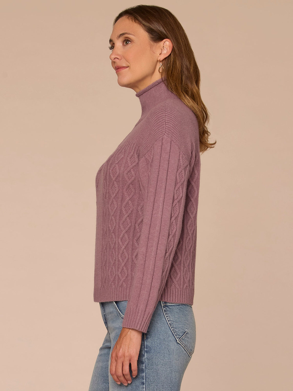 Democracy Clothing Long Sleeve Mock Neck Patchwork Cable Stitch Petite Sweater - Blanched Almond|Mystic Mauve|Mauve Shadows