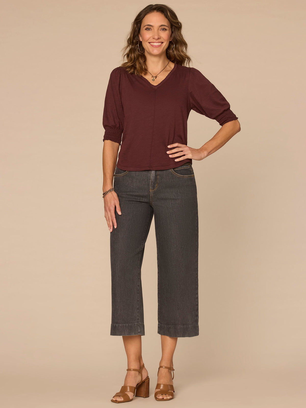 Democracy Clothing Elbow Blouson Sleeve Scallop V-Neck Smocked Knit Top - Heather Dusty Papaya|Heather Lily Pad|Heather Cherry Chocolate