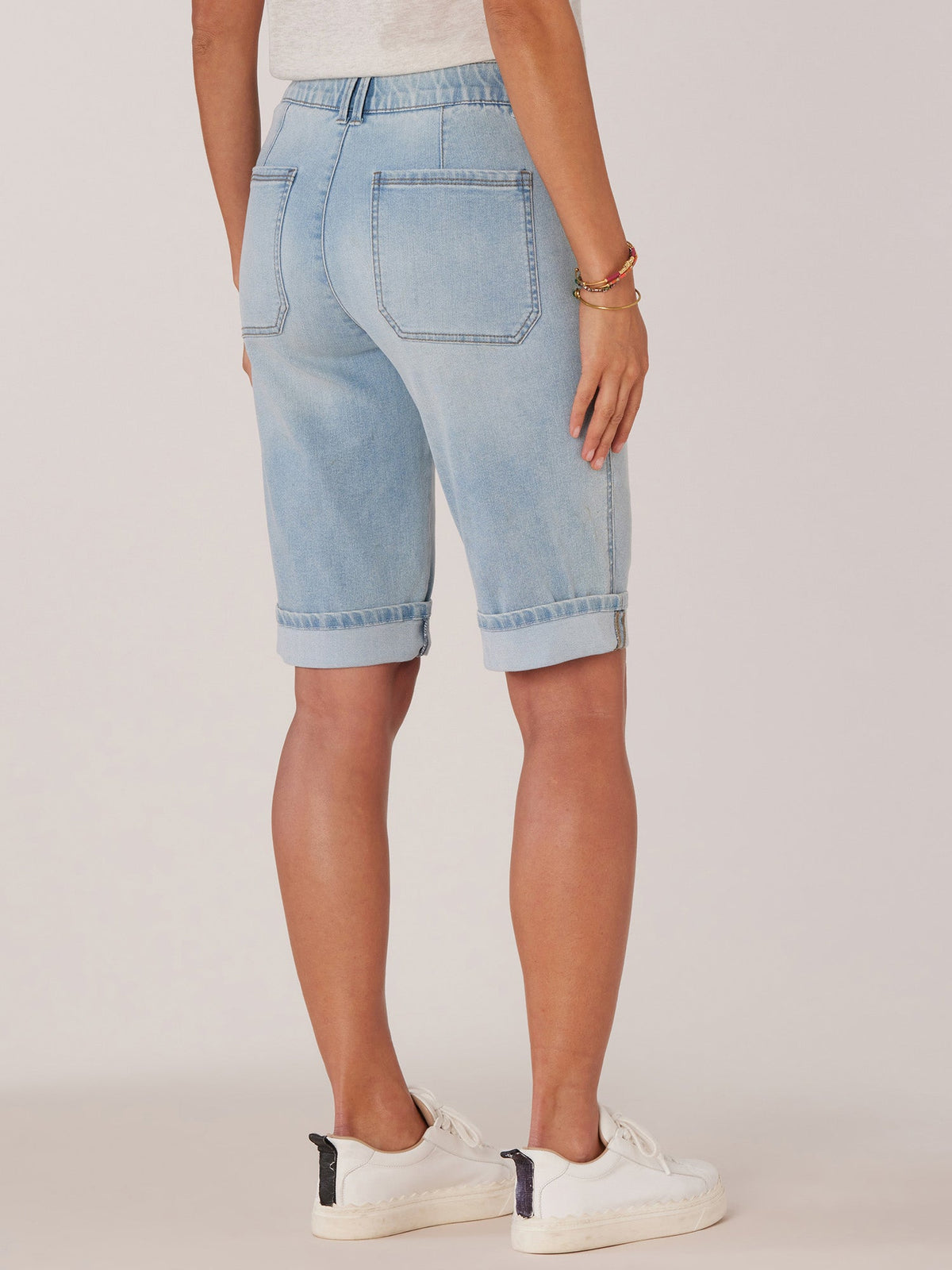 Democracy Clothing "Ab"solution Petite High Rise Repreve Bermuda Short with Cuffed Hem - Powder Blue Artisanal Denim