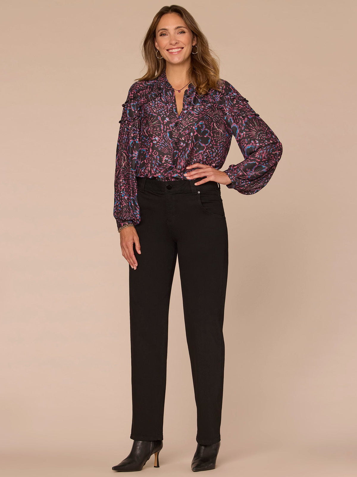 Democracy Clothing Long Sleeve Stand Collar Ruffle Detail Button Down Printed Woven Top - Black Multi Print