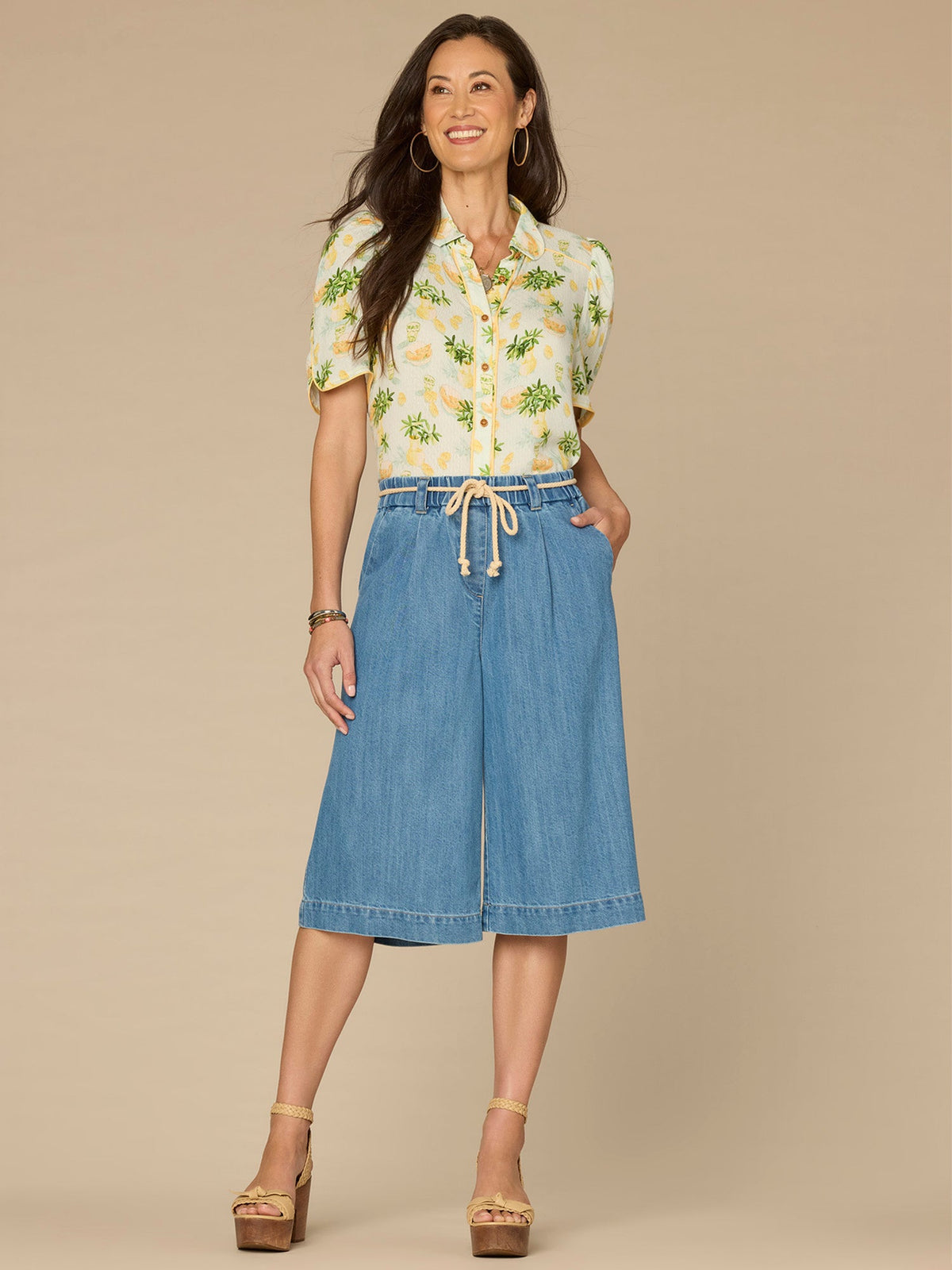 Democracy Clothing Above Elbow Puff Sleeve Scallop Collar Button Down Printed Woven Top - Periwinkle Floral Multi|Morning Mist Lemon Mist