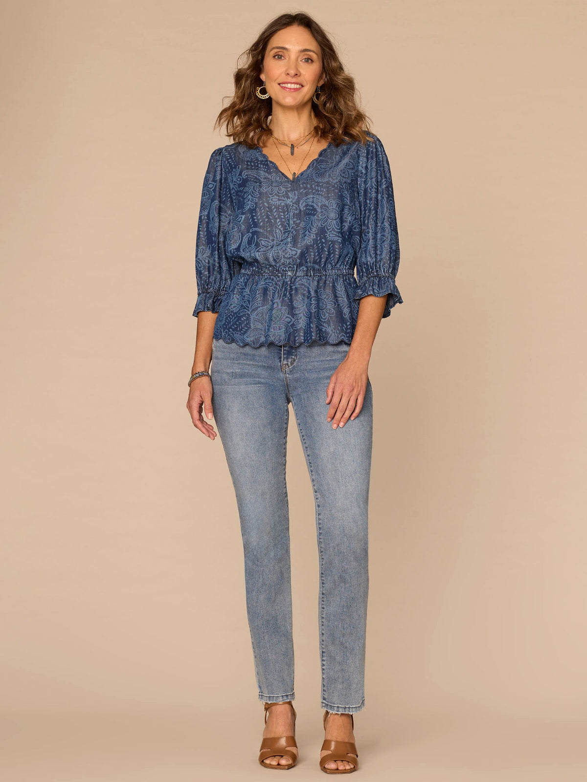 Democracy Clothing Below Elbow Lantern Sleeve V-Neck Scallop Edge Peplum Woven Top - Light Blue|Indigo