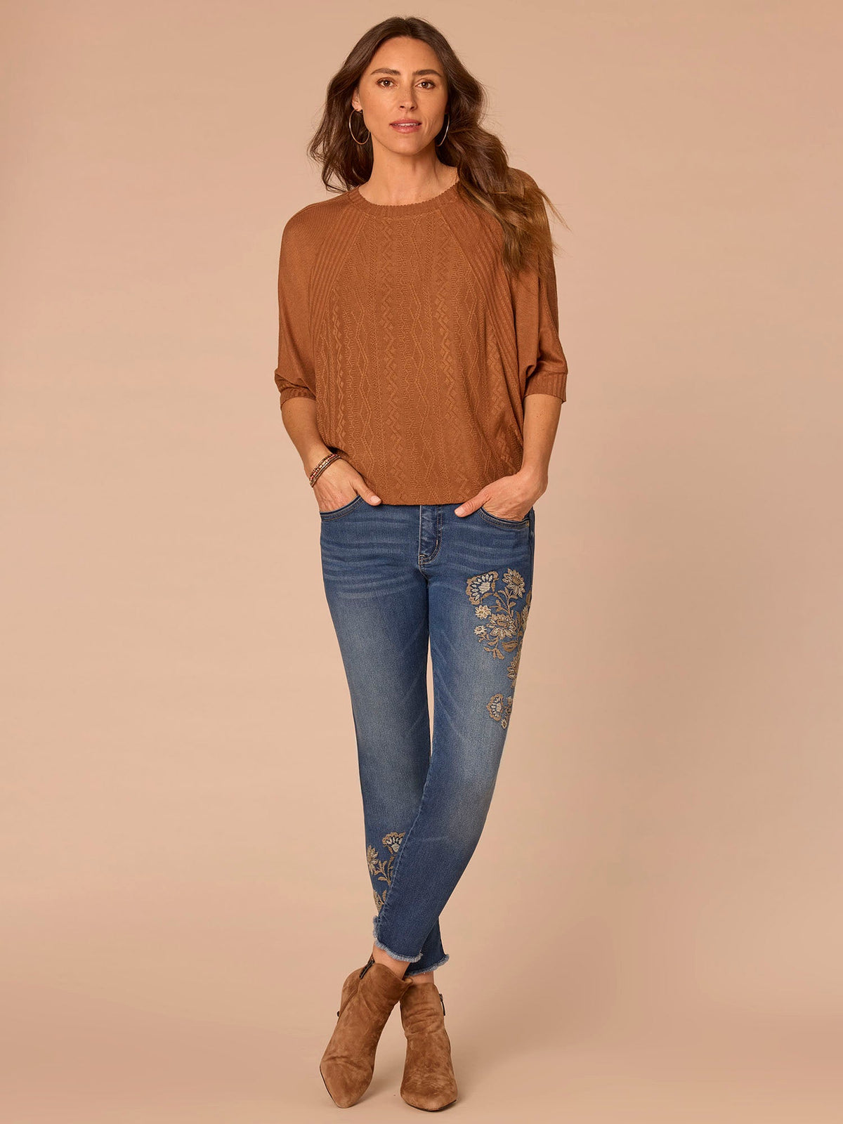 Democracy Clothing Three Quarter Dolman Batwing Sleeve Crew Neck Mixed Media Knit Top - Heather Nile Blue|Heather Saddle