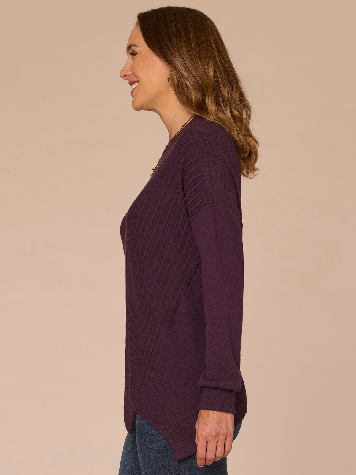 Democracy Clothing Long Sleeve Crew Neck Asymmetrical Hem Mixed Media Petite Knit Top - Heather Concord Grape|Heather Cream|Heather Saddle