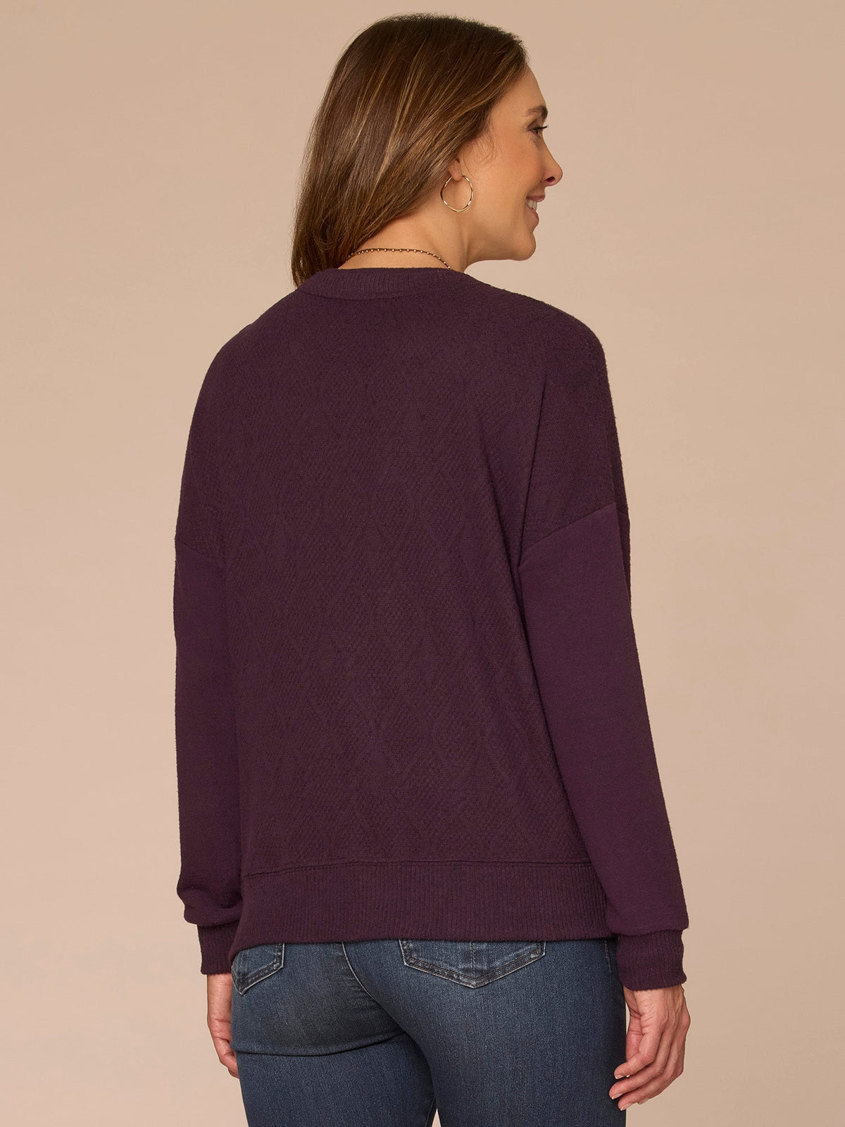 Democracy Clothing Long Sleeve Crew Neck Asymmetrical Hem Mixed Media Petite Knit Top - Heather Concord Grape|Heather Cream|Heather Saddle