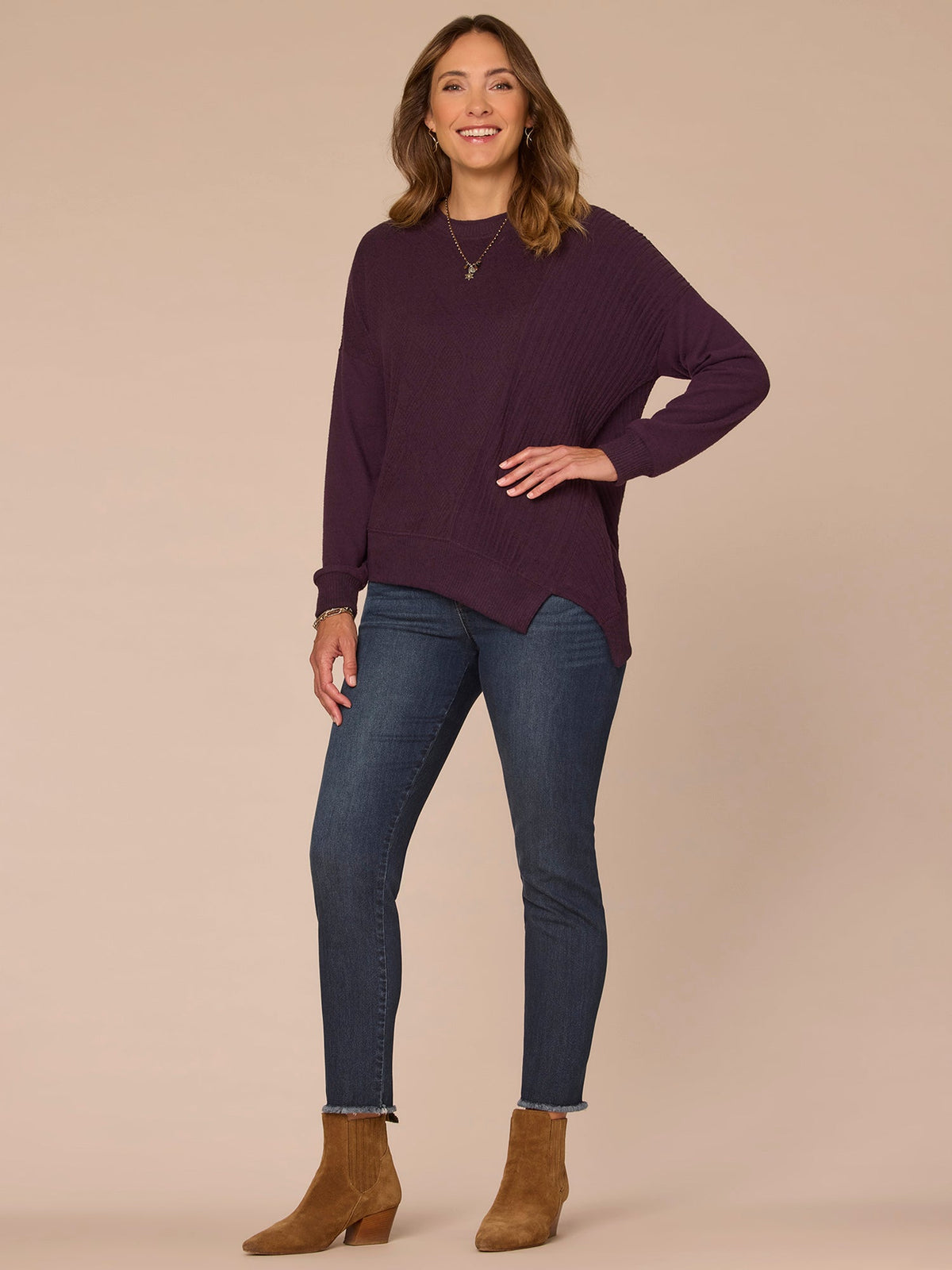 Democracy Clothing Long Sleeve Crew Neck Asymmetrical Hem Mixed Media Petite Knit Top - Heather Concord Grape|Heather Cream|Heather Saddle