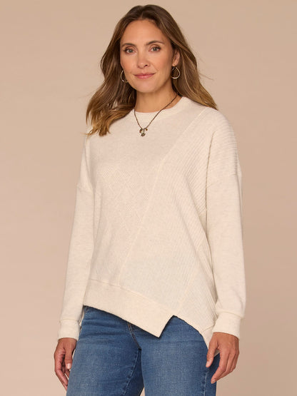 Democracy Clothing Long Sleeve Crew Neck Asymmetrical Hem Mixed Media Petite Knit Top - Heather Concord Grape|Heather Cream|Heather Saddle