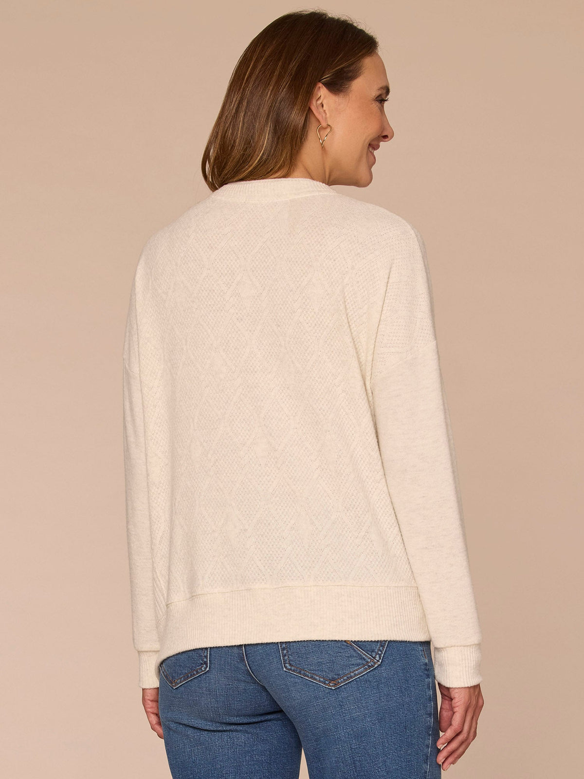 Democracy Clothing Long Sleeve Crew Neck Asymmetrical Hem Mixed Media Petite Knit Top - Heather Concord Grape|Heather Cream|Heather Saddle