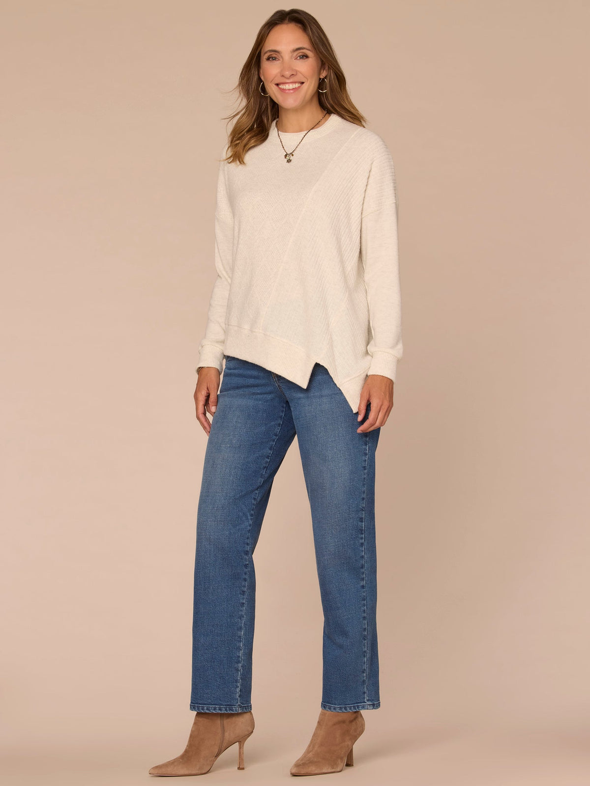 Democracy Clothing Long Sleeve Crew Neck Asymmetrical Hem Mixed Media Petite Knit Top - Heather Concord Grape|Heather Cream|Heather Saddle