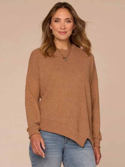 Democracy Clothing Long Sleeve Crew Neck Asymmetrical Hem Mixed Media Petite Knit Top - Heather Concord Grape|Heather Cream|Heather Saddle