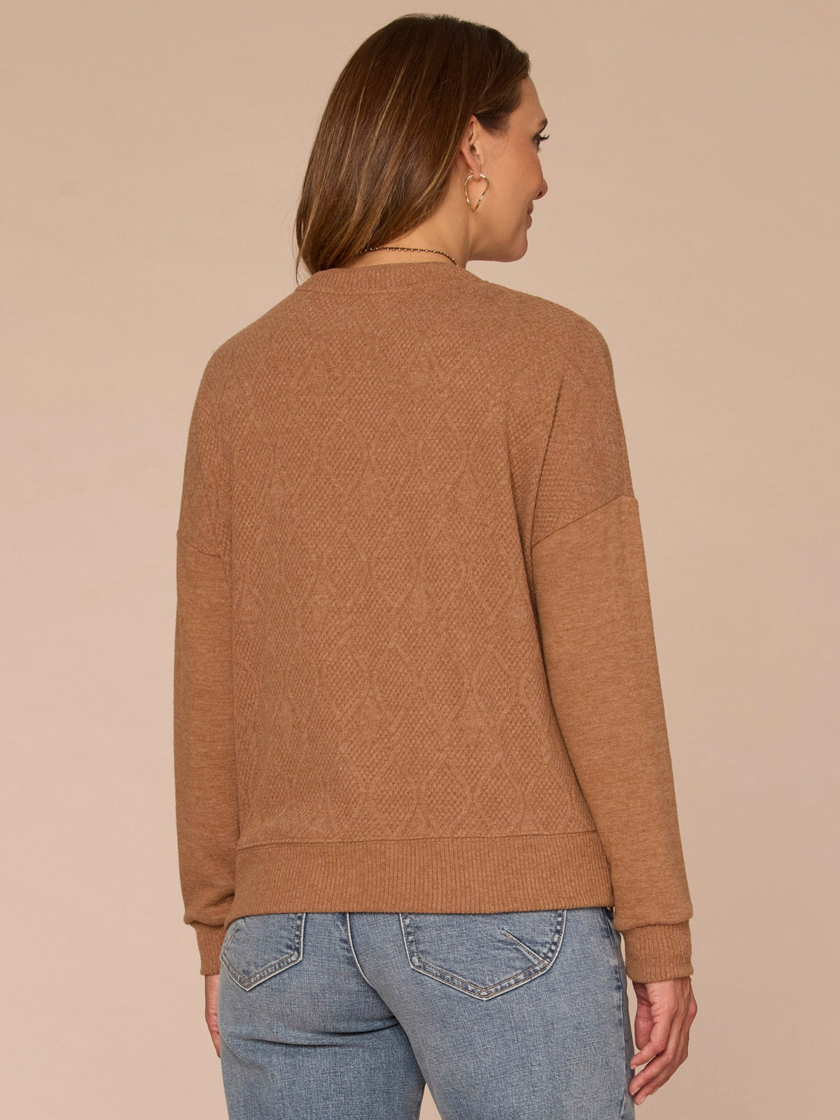 Democracy Clothing Long Sleeve Crew Neck Asymmetrical Hem Mixed Media Petite Knit Top - Heather Concord Grape|Heather Cream|Heather Saddle