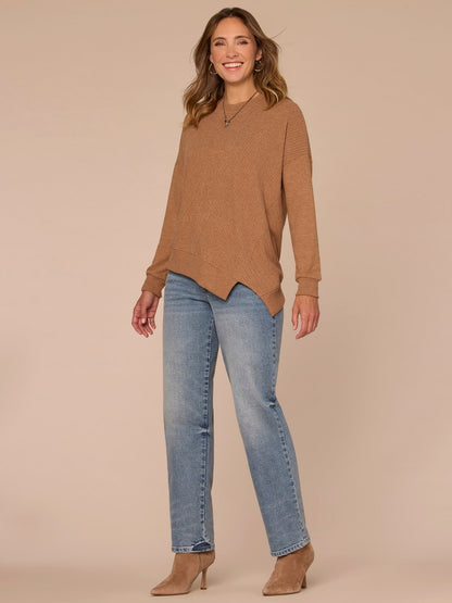 Democracy Clothing Long Sleeve Crew Neck Asymmetrical Hem Mixed Media Petite Knit Top - Heather Concord Grape|Heather Cream|Heather Saddle