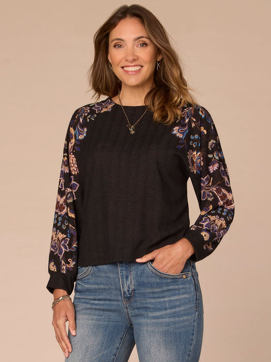 Democracy Clothing Long Dolman Sleeve Crew Neck Floral Placement Print Petite Knit Top - Black
