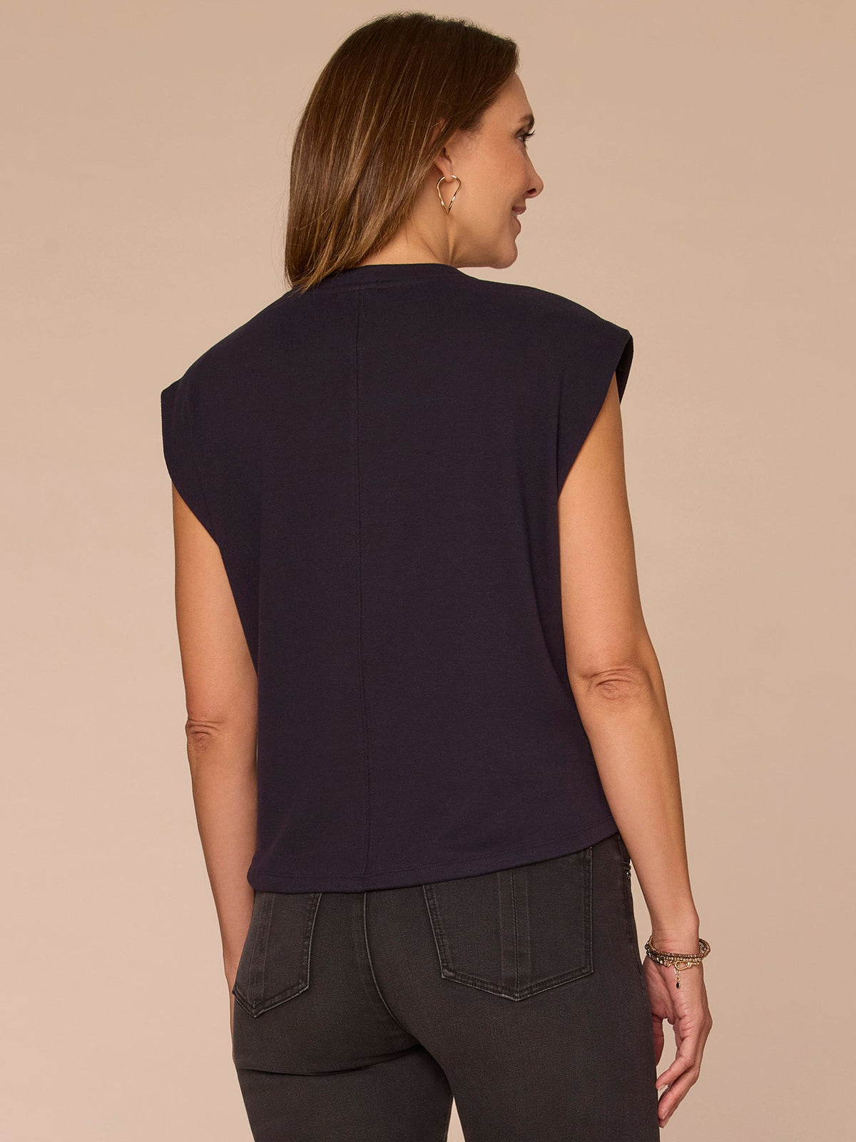 Democracy Clothing Extended Cap Sleeve Scoop Neck Petite Knit Top with Rhinestone Detail - Heather Evening Blue