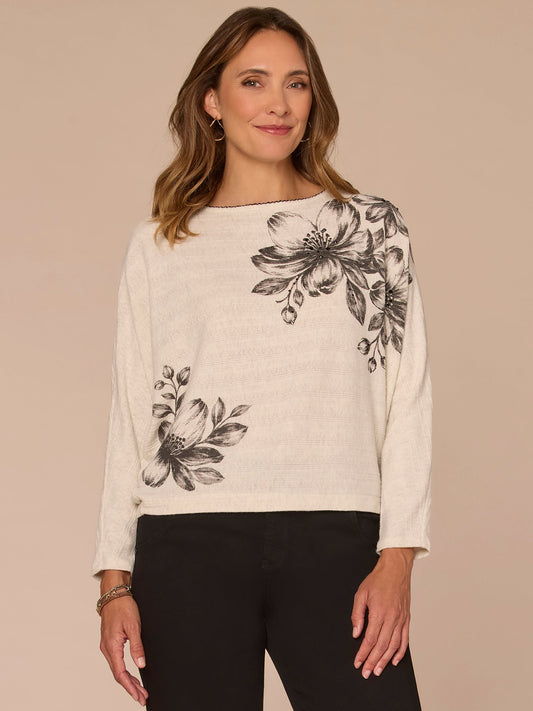 Democracy Clothing Long Dolman Sleeve Boat Neck Floral Placement Print Knit Top - Heather Cream Black|Heather Umber Cold Brew