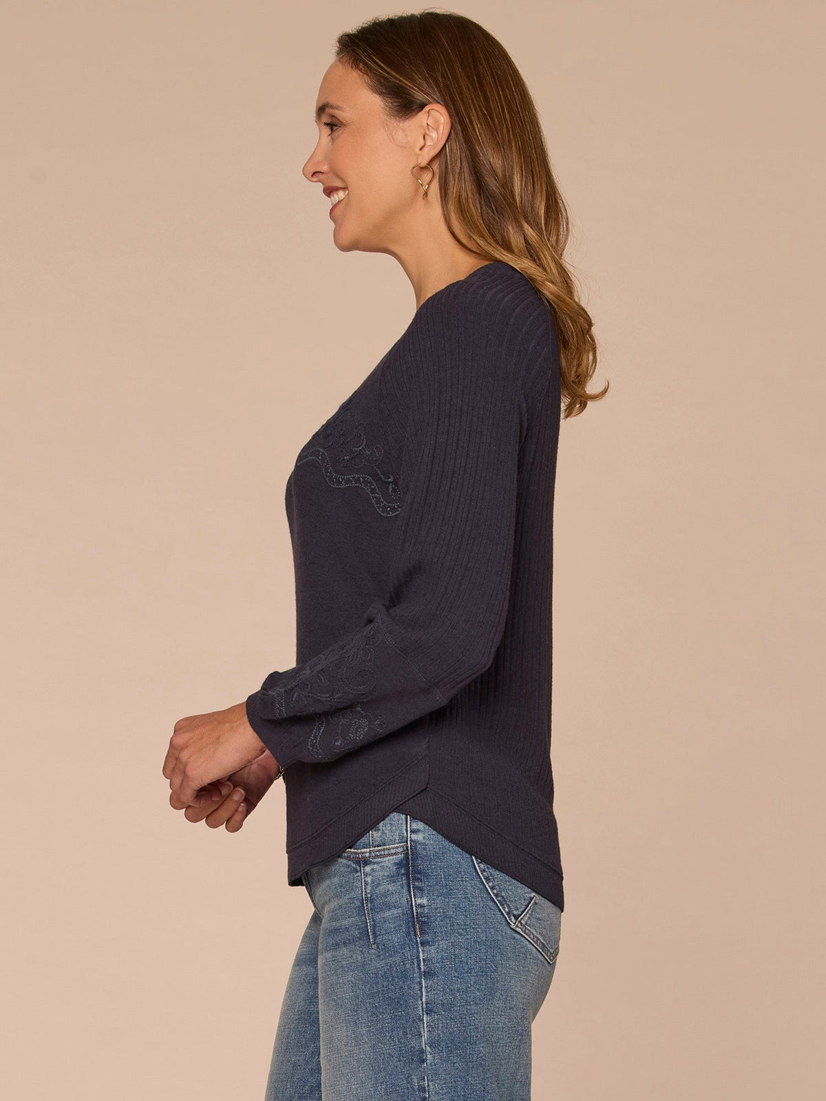 Democracy Clothing Long Blouson Sleeve Scoop Neck Embroidered Mixed Media Petite Knit Top - Heather Carbon Blue|Heather Grey