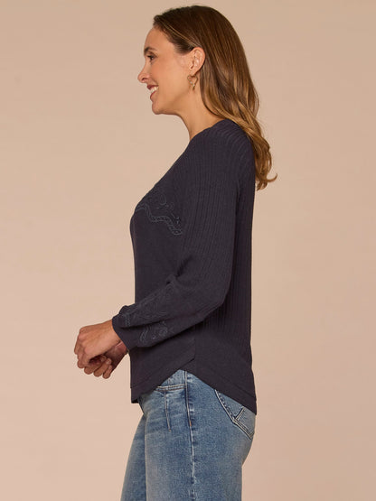 Democracy Clothing Long Blouson Sleeve Scoop Neck Embroidered Mixed Media Petite Knit Top - Heather Carbon Blue|Heather Grey