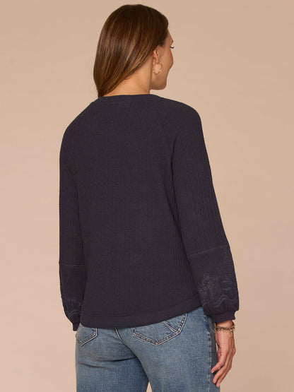 Democracy Clothing Long Blouson Sleeve Scoop Neck Embroidered Mixed Media Petite Knit Top - Heather Carbon Blue|Heather Grey