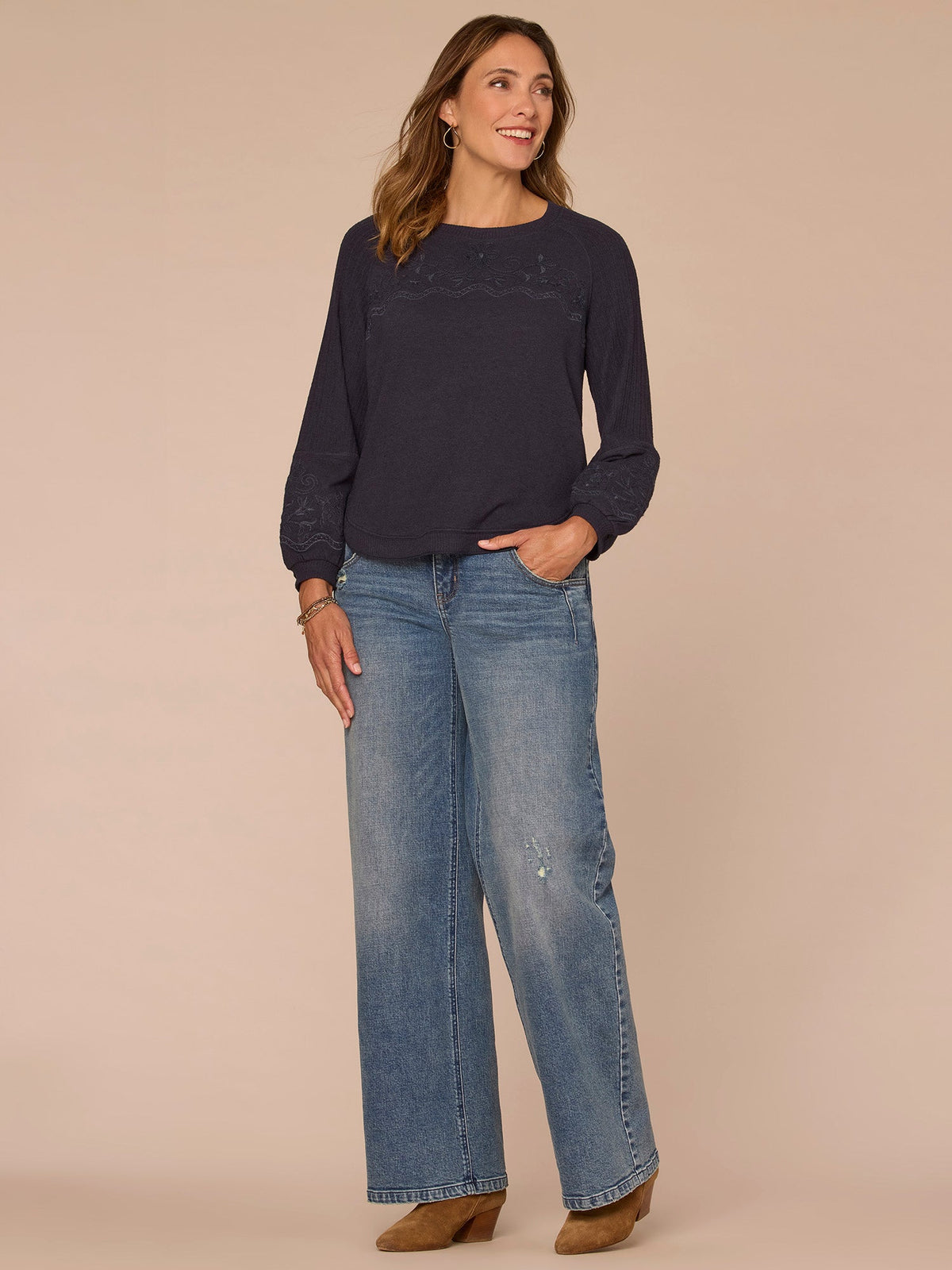 Democracy Clothing Long Blouson Sleeve Scoop Neck Embroidered Mixed Media Petite Knit Top - Heather Carbon Blue|Heather Grey