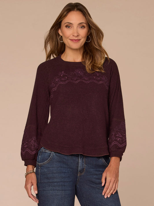 Democracy Clothing Long Blouson Sleeve Scoop Neck Embroidered Mixed Media Knit Top - Heather Concord Grape|Heather Carbon Blue|Heather Grey