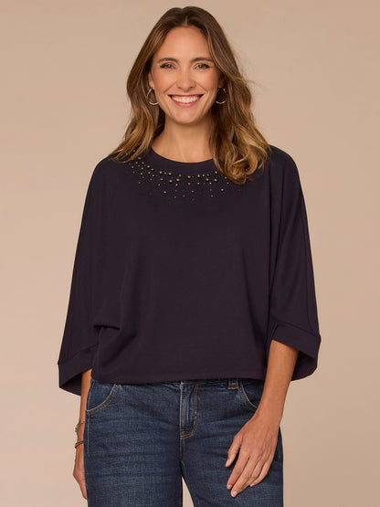 Democracy Clothing Three Quarter Dolman Sleeve Scoop Neck Rhinestone Petite Knit Top - Heather Evening Blue