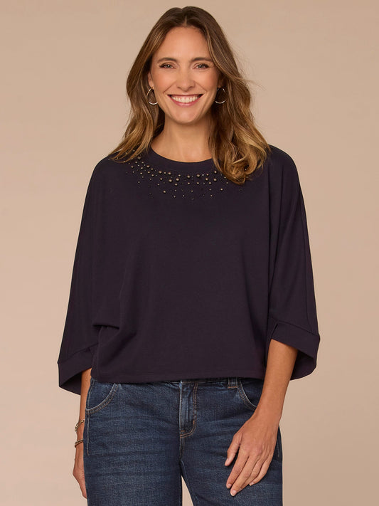 Democracy Clothing Three Quarter Dolman Sleeve Scoop Neck Rhinestone Petite Knit Top - Heather Evening Blue