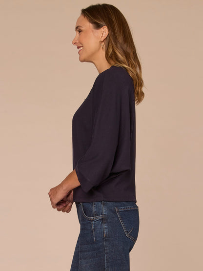 Democracy Clothing Three Quarter Dolman Sleeve Scoop Neck Rhinestone Petite Knit Top - Heather Evening Blue