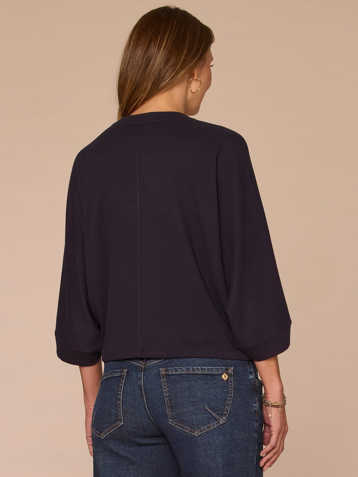 Democracy Clothing Three Quarter Dolman Sleeve Scoop Neck Rhinestone Petite Knit Top - Heather Evening Blue