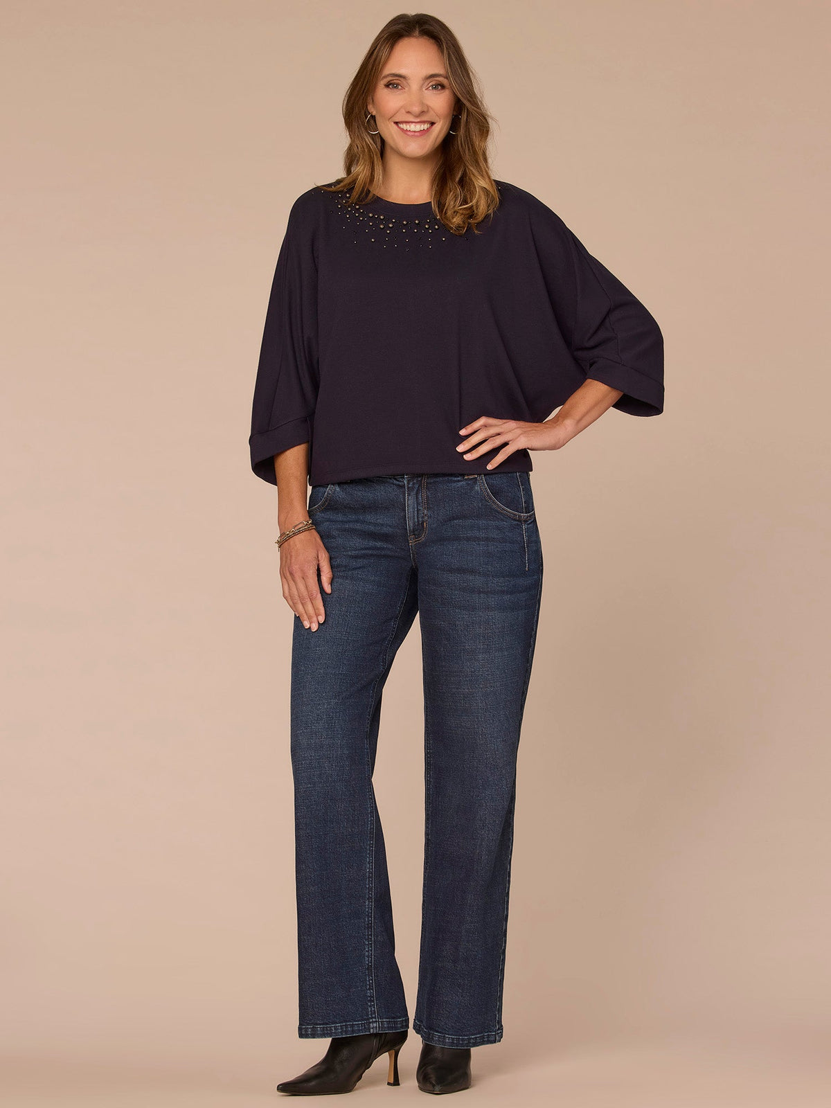 Democracy Clothing Three Quarter Dolman Sleeve Scoop Neck Rhinestone Petite Knit Top - Heather Evening Blue