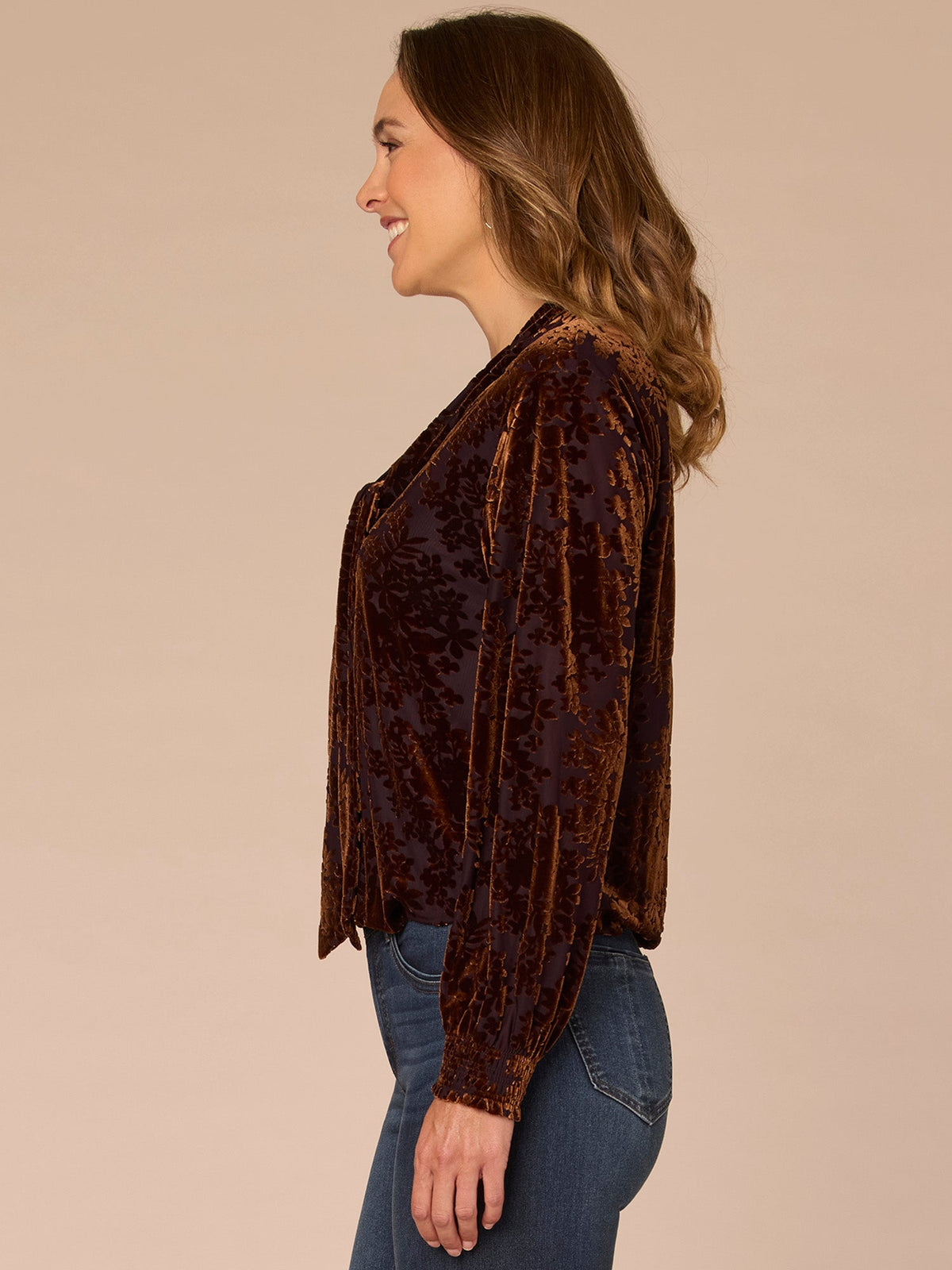 Democracy Clothing Long Blouson Sleeve Tie Neck Bubble Hem Printed Petite Knit Top - Indigo Brown