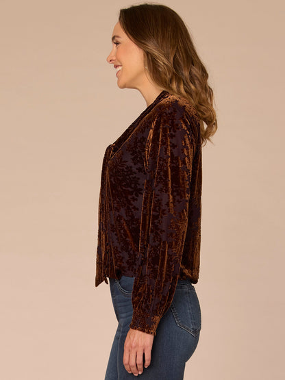 Democracy Clothing Long Blouson Sleeve Tie Neck Bubble Hem Printed Petite Knit Top - Indigo Brown