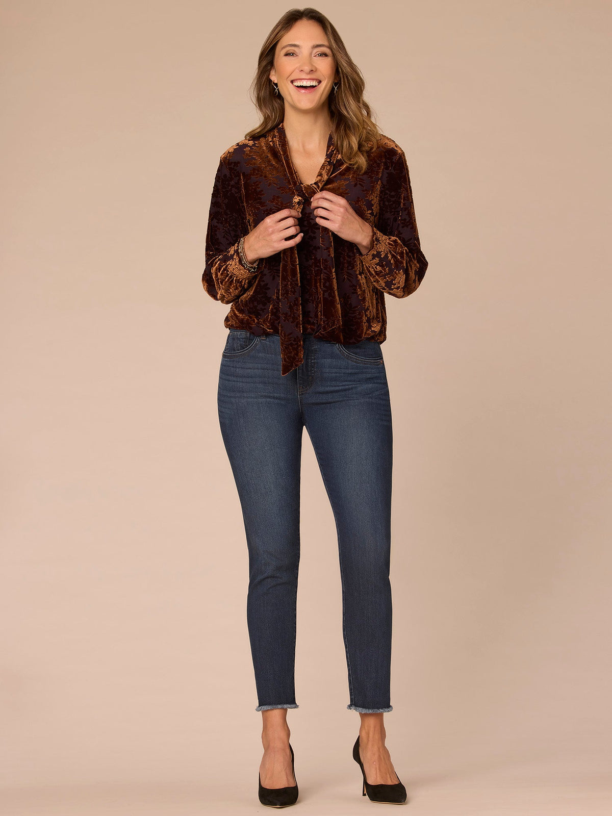Democracy Clothing Long Blouson Sleeve Tie Neck Bubble Hem Printed Petite Knit Top - Indigo Brown