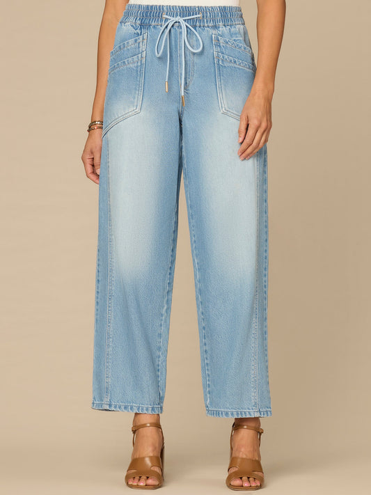 Democracy Clothing "Ab"leisure Skyrise Drawstring Double Pocket Petite Barely Barrel Jean - Light Blue Denim