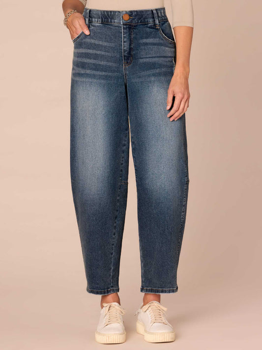 Democracy Clothing "Ab"solution® Skyrise Uneven Yoke Petite Relaxed Barrel Leg Jeans - Mid Blue Artisanal Denim
