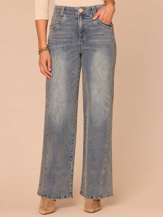 Democracy Clothing "Ab"solution® Skyrise Double Sweetheart Yoke Gold Foil Wide Leg Jeans - Mid Blue Artisanal Denim