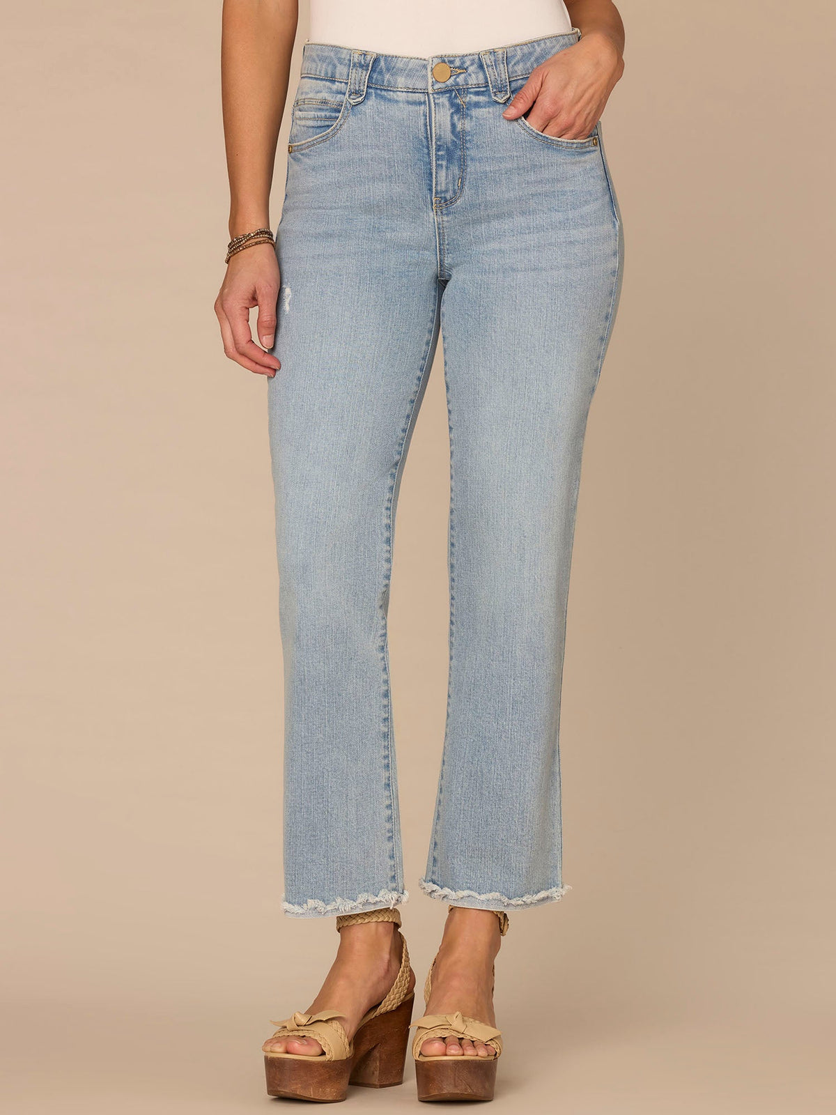 Democracy Clothing "Ab"solution® High Rise Fray Scallop Hem Petite Itty Bitty Flare Jeans - Light Blue Vintage Denim