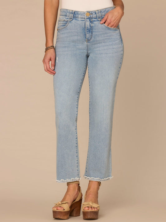 Democracy Clothing "Ab"solution® High Rise Fray Scallop Hem Petite Itty Bitty Flare Jeans - Light Blue Vintage Denim
