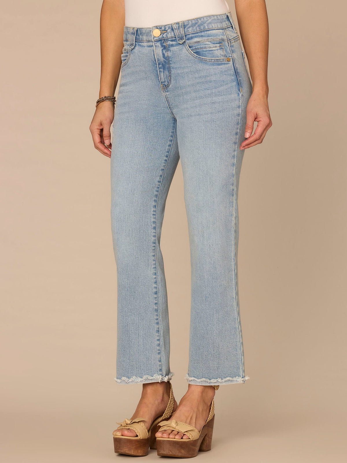 Democracy Clothing "Ab"solution® High Rise Fray Scallop Hem Petite Itty Bitty Flare Jeans - Light Blue Vintage Denim