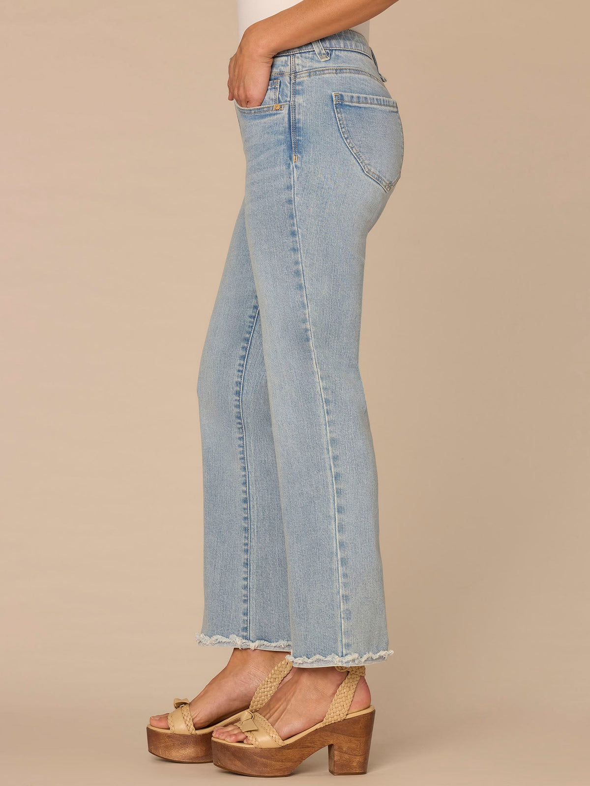 Democracy Clothing "Ab"solution® High Rise Fray Scallop Hem Petite Itty Bitty Flare Jeans - Light Blue Vintage Denim