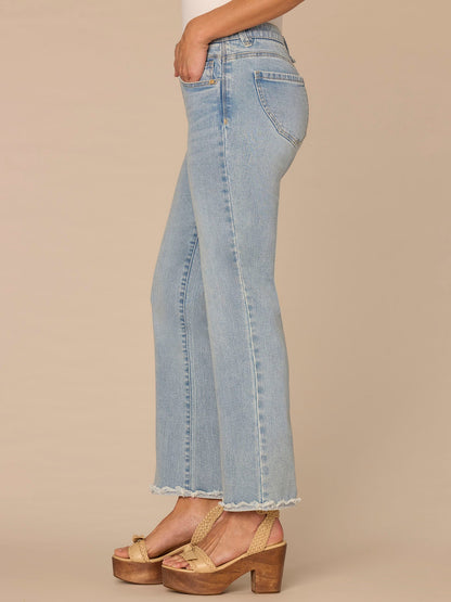 Democracy Clothing "Ab"solution® High Rise Fray Scallop Hem Petite Itty Bitty Flare Jeans - Light Blue Vintage Denim