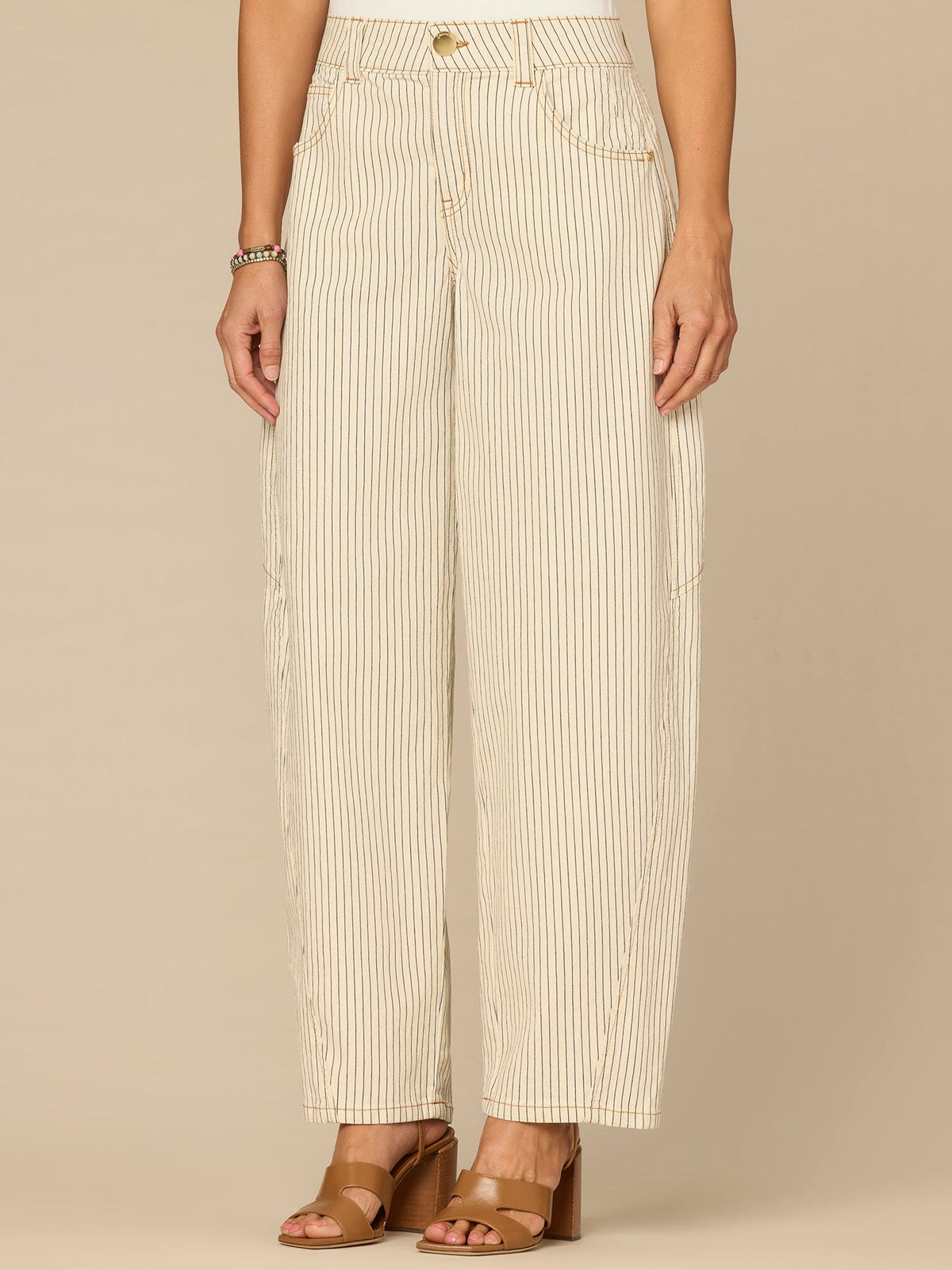 Democracy Clothing “Ab”solution® High Rise Side Panel Snap Hem Petite Barrel Leg Jeans - Blanched Almond Navy Stripe