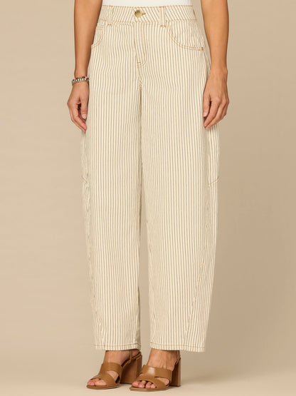 Democracy Clothing “Ab”solution® High Rise Side Panel Snap Hem Petite Barrel Leg Jeans - Blanched Almond Navy Stripe