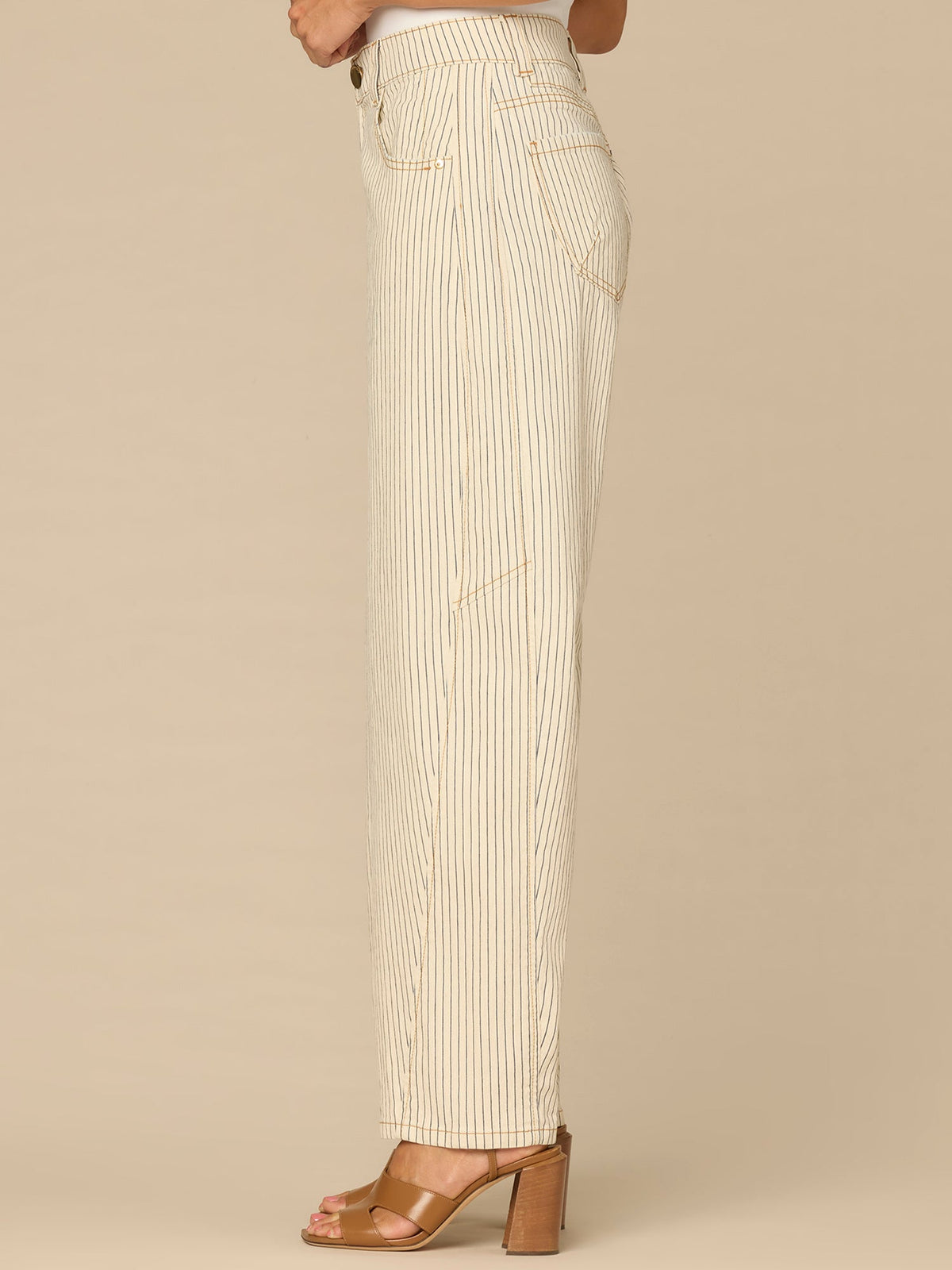Democracy Clothing “Ab”solution® High Rise Side Panel Snap Hem Petite Barrel Leg Jeans - Blanched Almond Navy Stripe