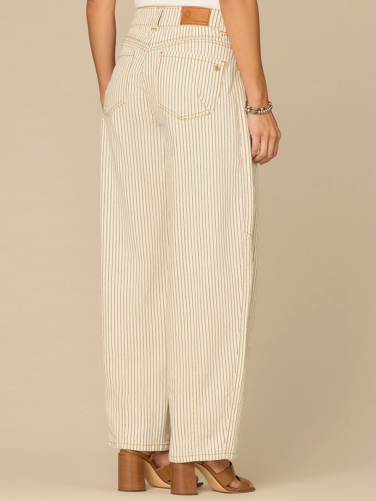 Democracy Clothing “Ab”solution® High Rise Side Panel Snap Hem Petite Barrel Leg Jeans - Blanched Almond Navy Stripe
