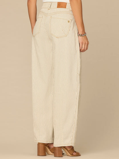 Democracy Clothing “Ab”solution® High Rise Side Panel Snap Hem Petite Barrel Leg Jeans - Blanched Almond Navy Stripe
